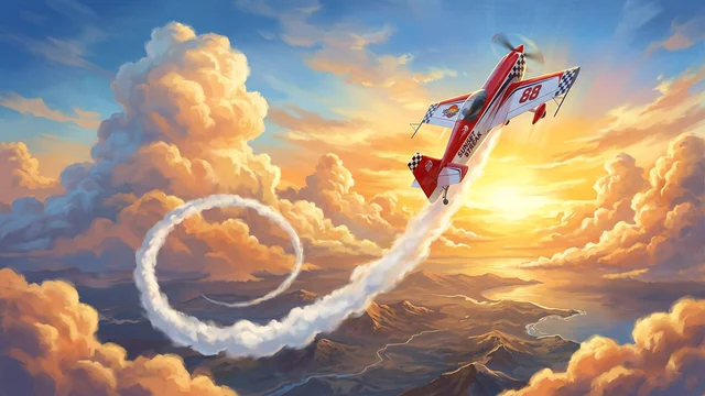 Fly Mode: stunt airplane climbing through golden sunset clouds with smoke contrail