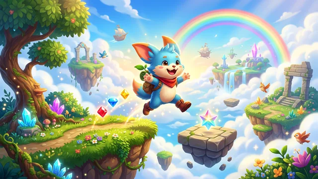 Keyboard Jump: cute platformer adventurer leaping across floating sky islands and rainbow