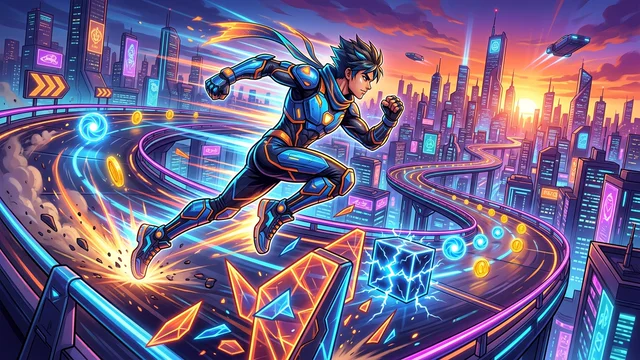 Letter Dash: supersonic runner sprinting along high-tech neon tracks across futuristic city