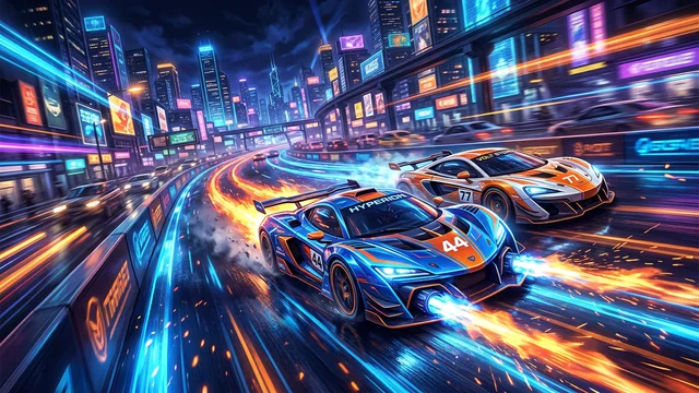 Nitro Speed: futuristic neon race cars dueling with nitro flame boosts on a night track