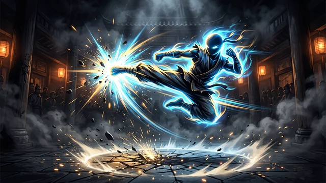 Stickman Fighter: martial arts warrior executing an electric flying kick with glowing energy shockwaves