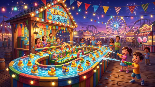 Type Toss: colorful carnival booth with bright yellow ducks floating along a festival water stream