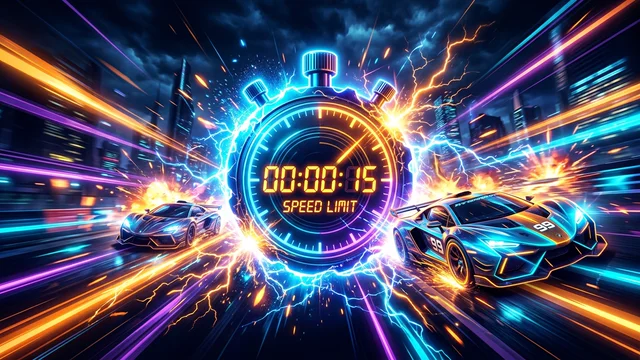 TypeRush Blitz: glowing supersonic stopwatch surrounded by electric speed blitz energy