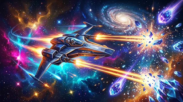 Word Destroyer: starfighter spacecraft firing laser beams at glowing asteroids in deep space